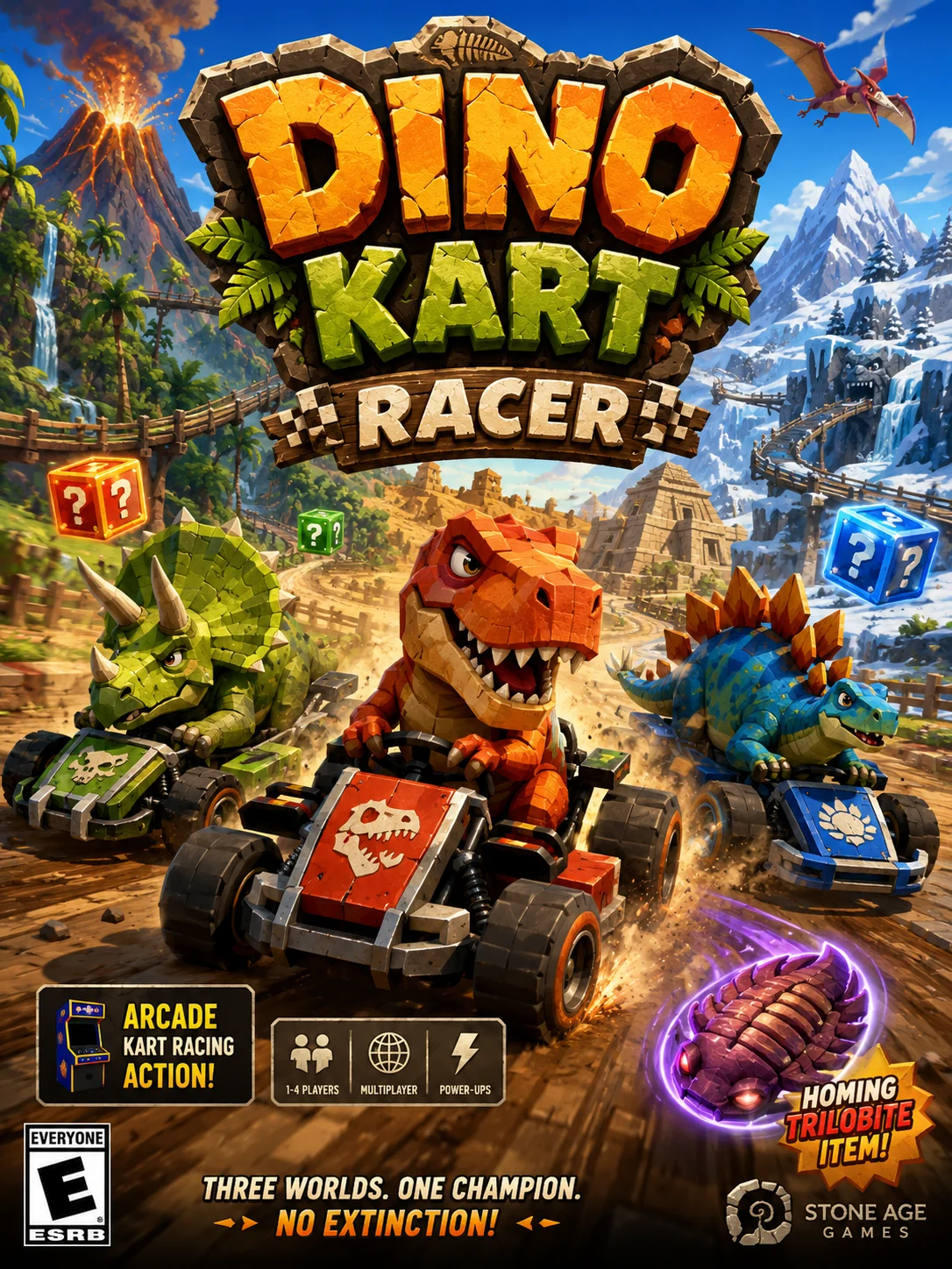 Dino Kart Racer cover art featuring dinosaur drivers