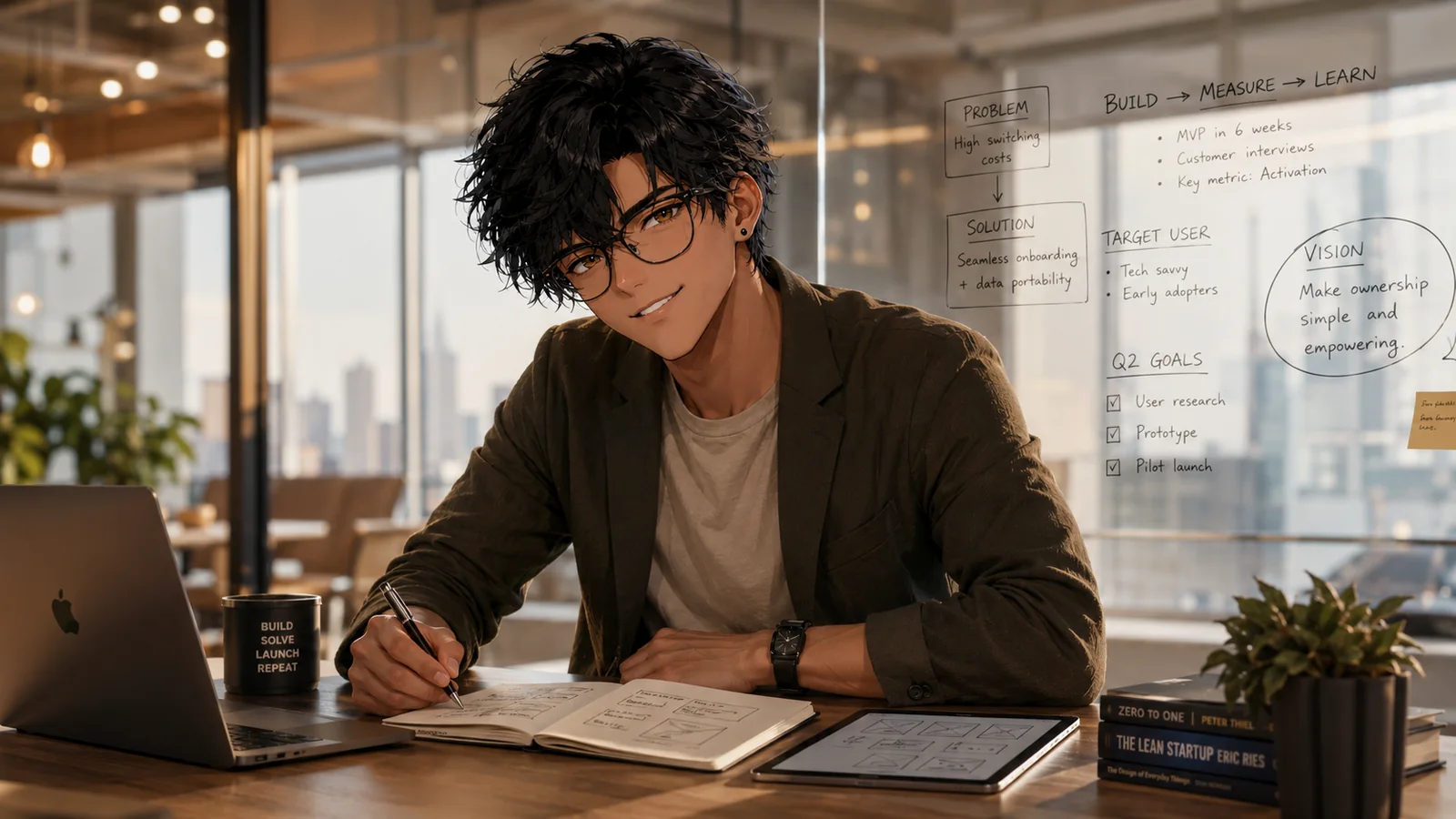 John brainstorming business ideas in a modern workspace