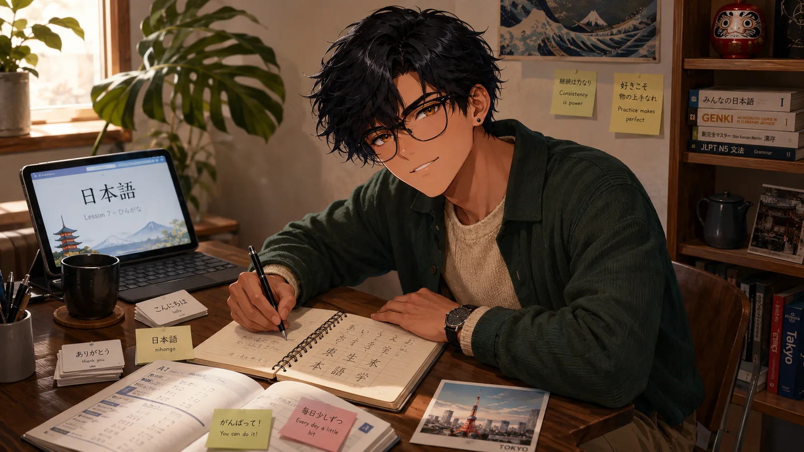 John studying Japanese at a desk