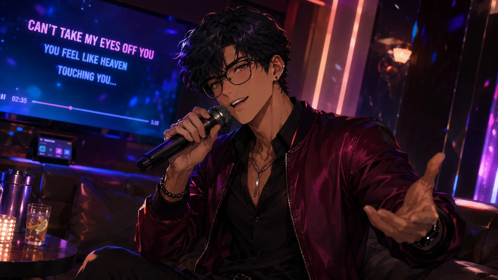 John singing karaoke in a neon-lit room